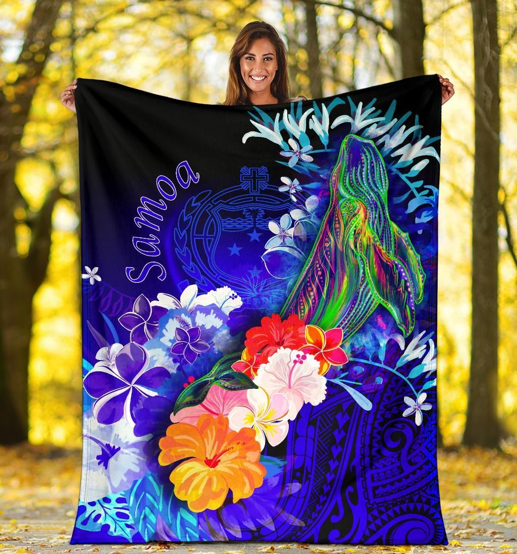 Samoa Premium Blanket - Humpback Whale with Tropical Flowers (Blue)