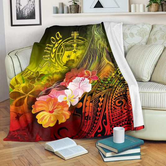 Samoa Premium Blanket- Humpback Whale with Tropical Flowers (Yellow)