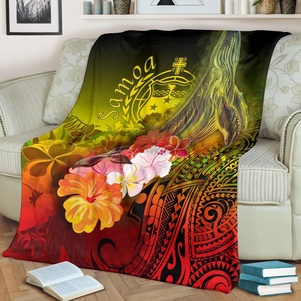 Samoa Premium Blanket- Humpback Whale with Tropical Flowers (Yellow)