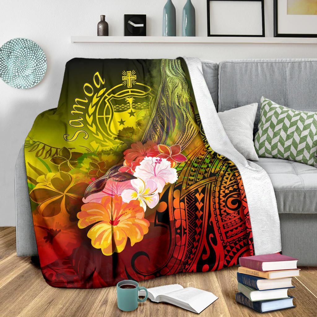 Samoa Premium Blanket- Humpback Whale with Tropical Flowers (Yellow)
