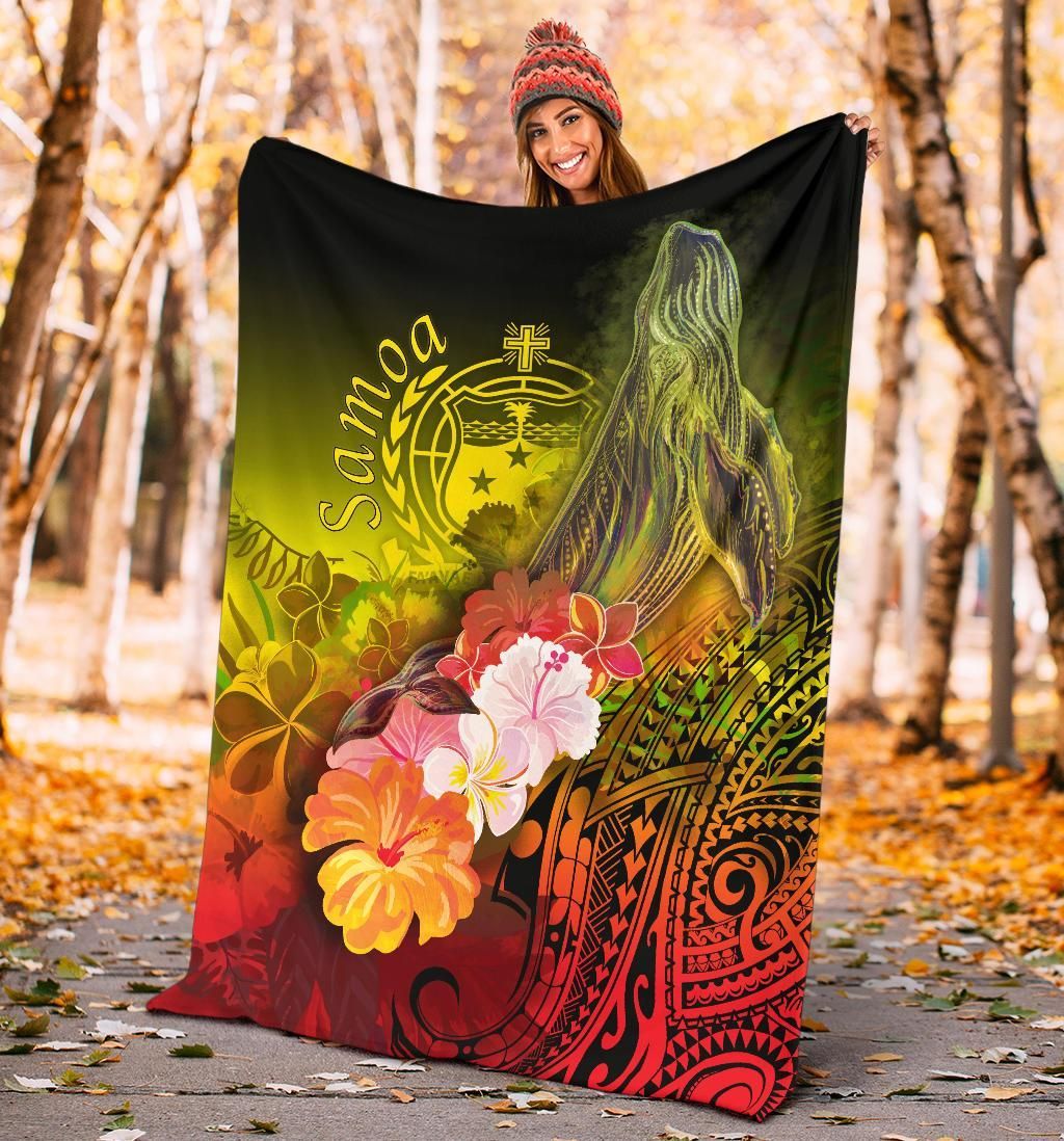Samoa Premium Blanket- Humpback Whale with Tropical Flowers (Yellow)