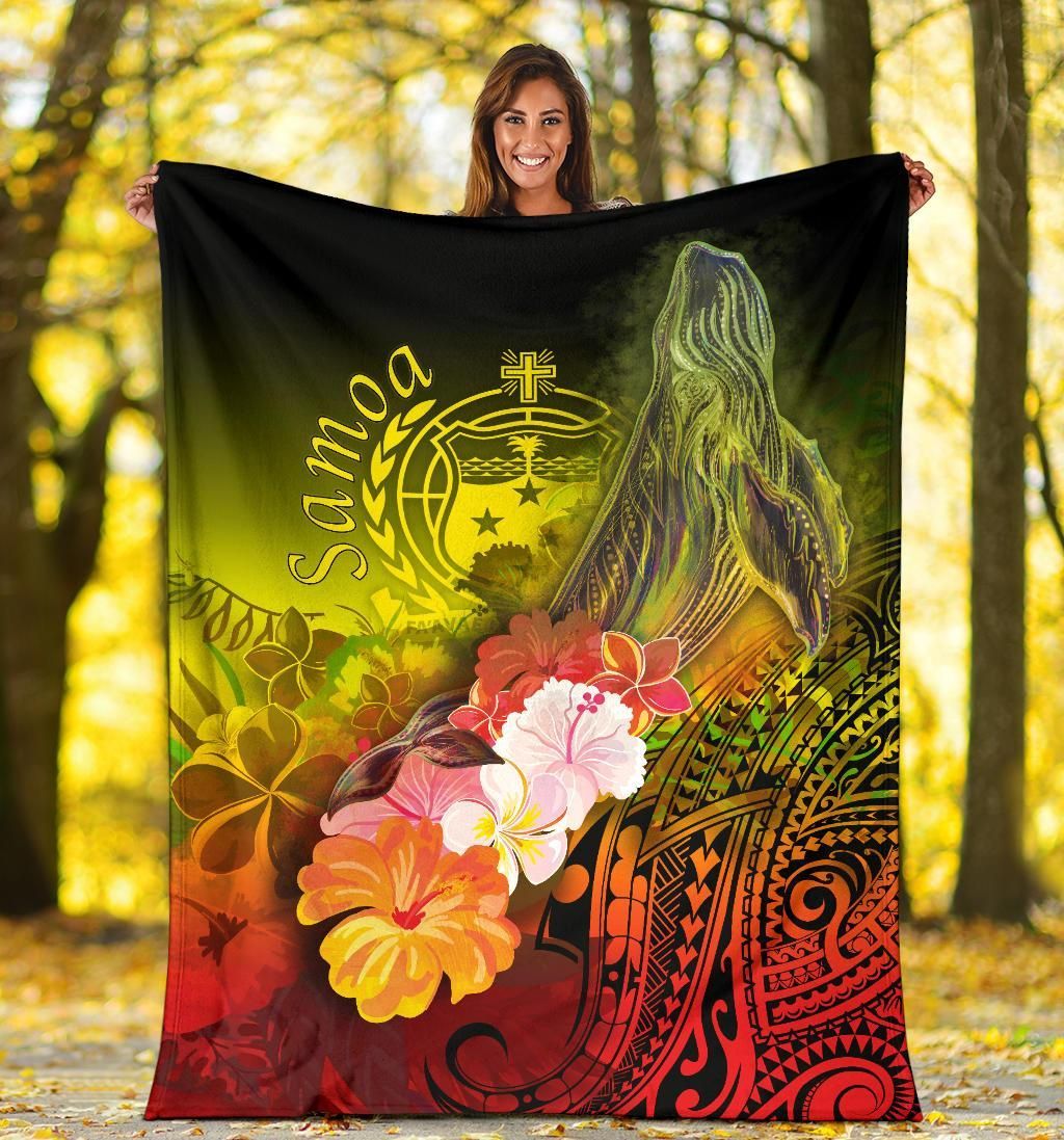 Samoa Premium Blanket- Humpback Whale with Tropical Flowers (Yellow)