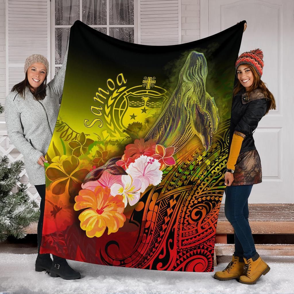 Samoa Premium Blanket- Humpback Whale with Tropical Flowers (Yellow)