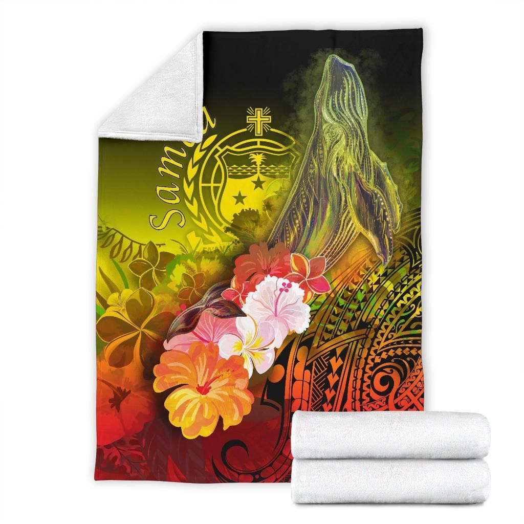 Samoa Premium Blanket- Humpback Whale with Tropical Flowers (Yellow)