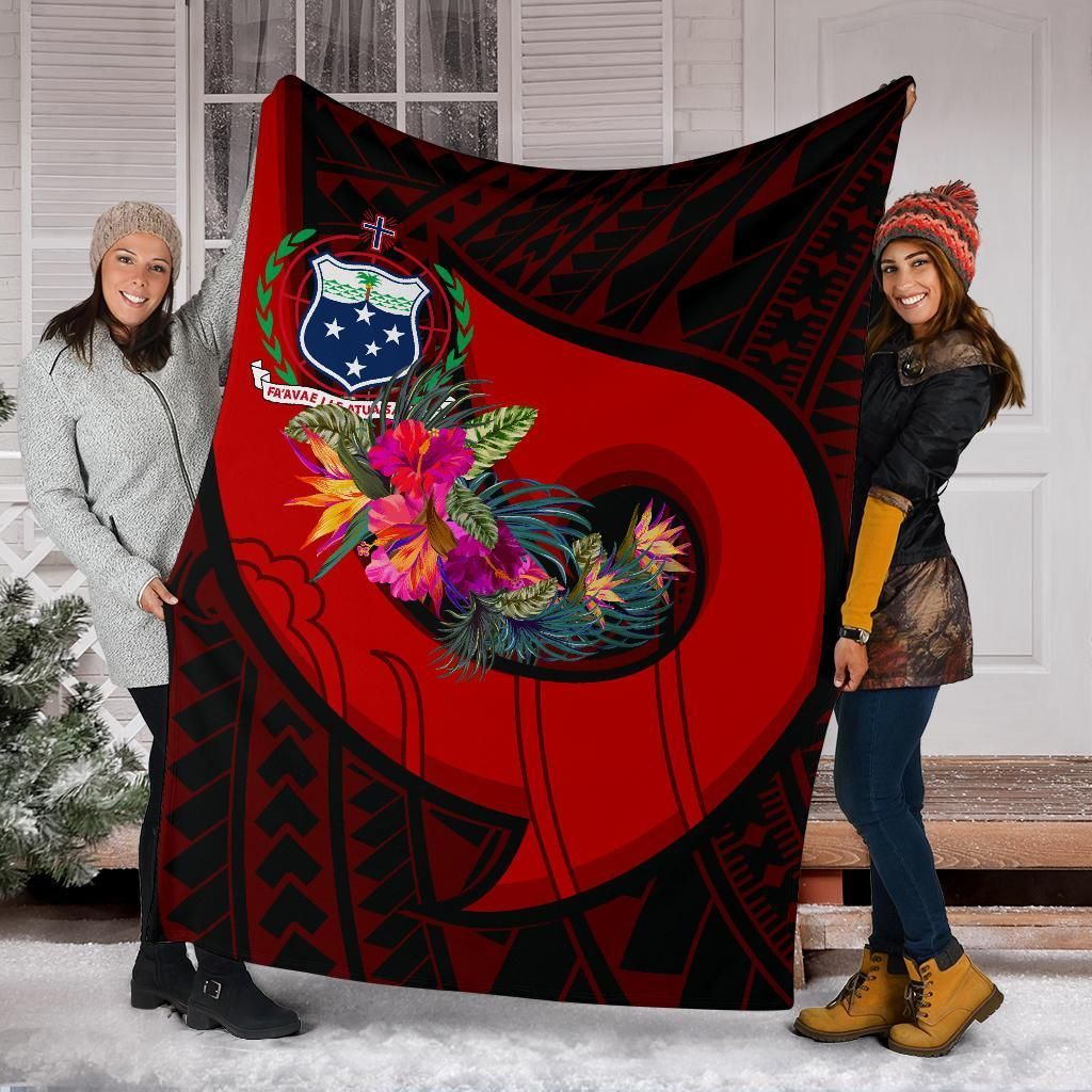 Samoa Premium Blanket - Polynesian Hook And Hibiscus (Red)