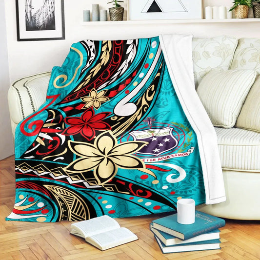 Samoa Premium Blanket - Tribal Flower With Special Turtles Blue Color