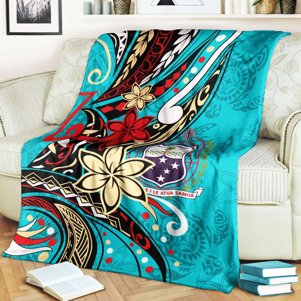 Samoa Premium Blanket - Tribal Flower With Special Turtles Blue Color