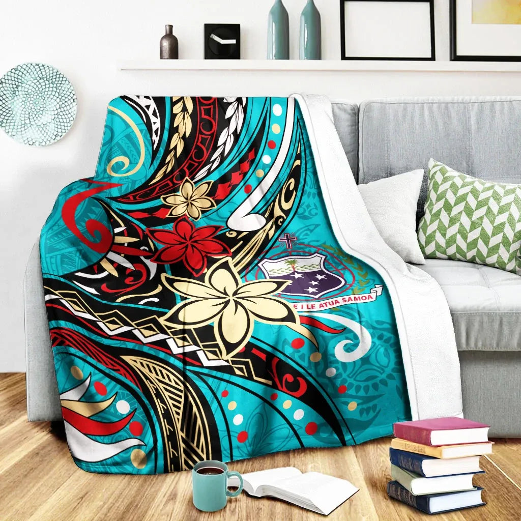 Samoa Premium Blanket - Tribal Flower With Special Turtles Blue Color
