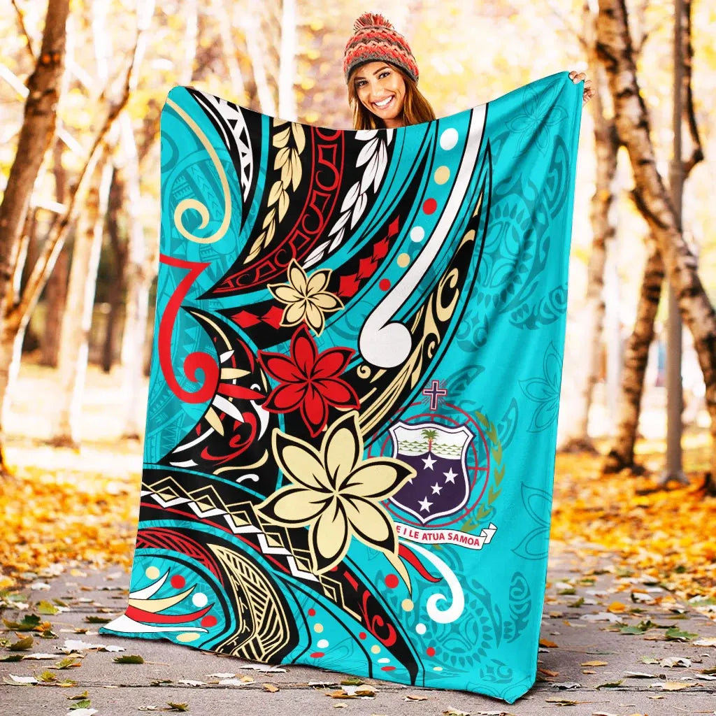 Samoa Premium Blanket - Tribal Flower With Special Turtles Blue Color