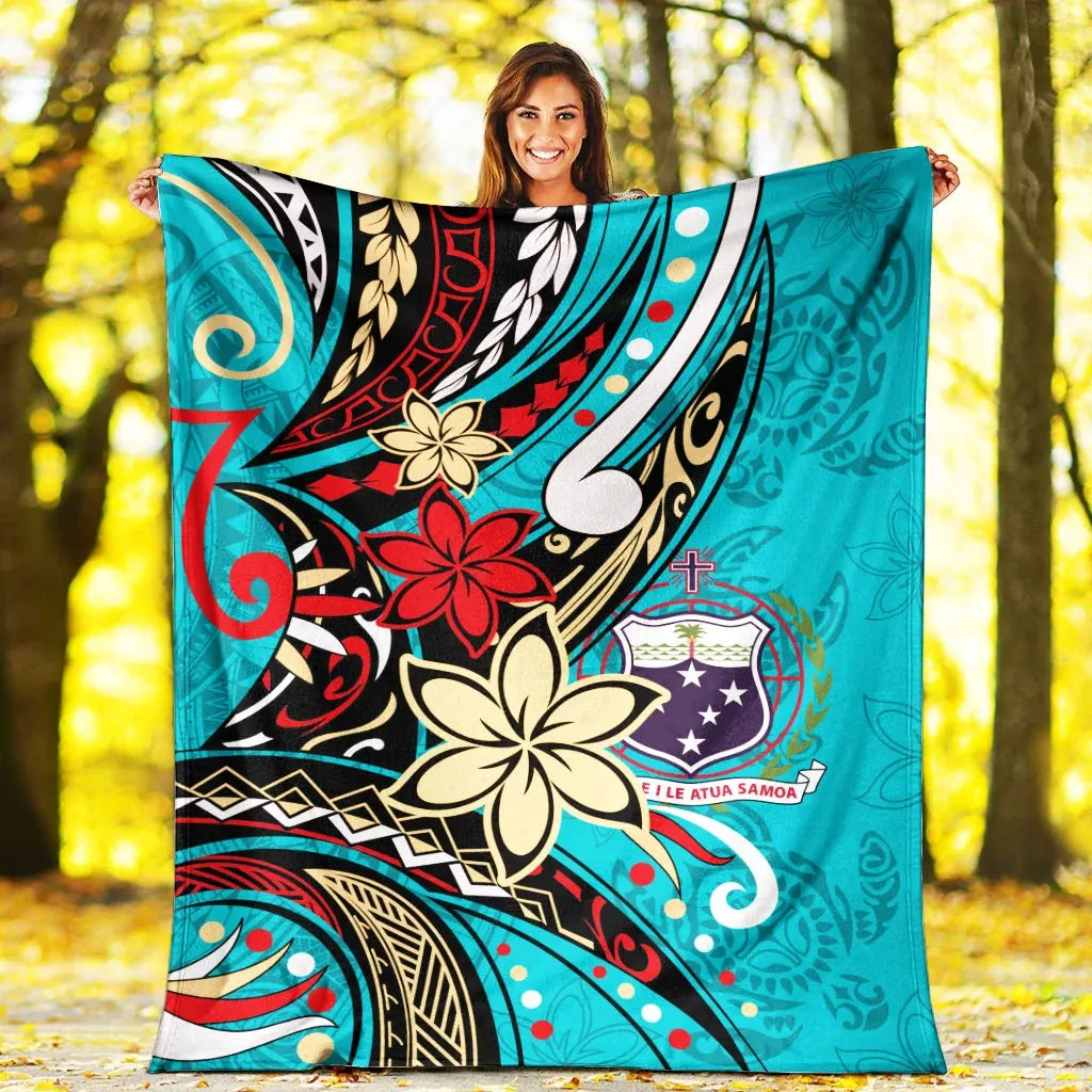 Samoa Premium Blanket - Tribal Flower With Special Turtles Blue Color