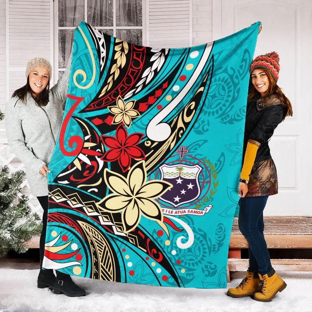 Samoa Premium Blanket - Tribal Flower With Special Turtles Blue Color