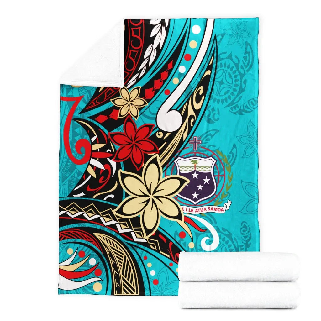 Samoa Premium Blanket - Tribal Flower With Special Turtles Blue Color