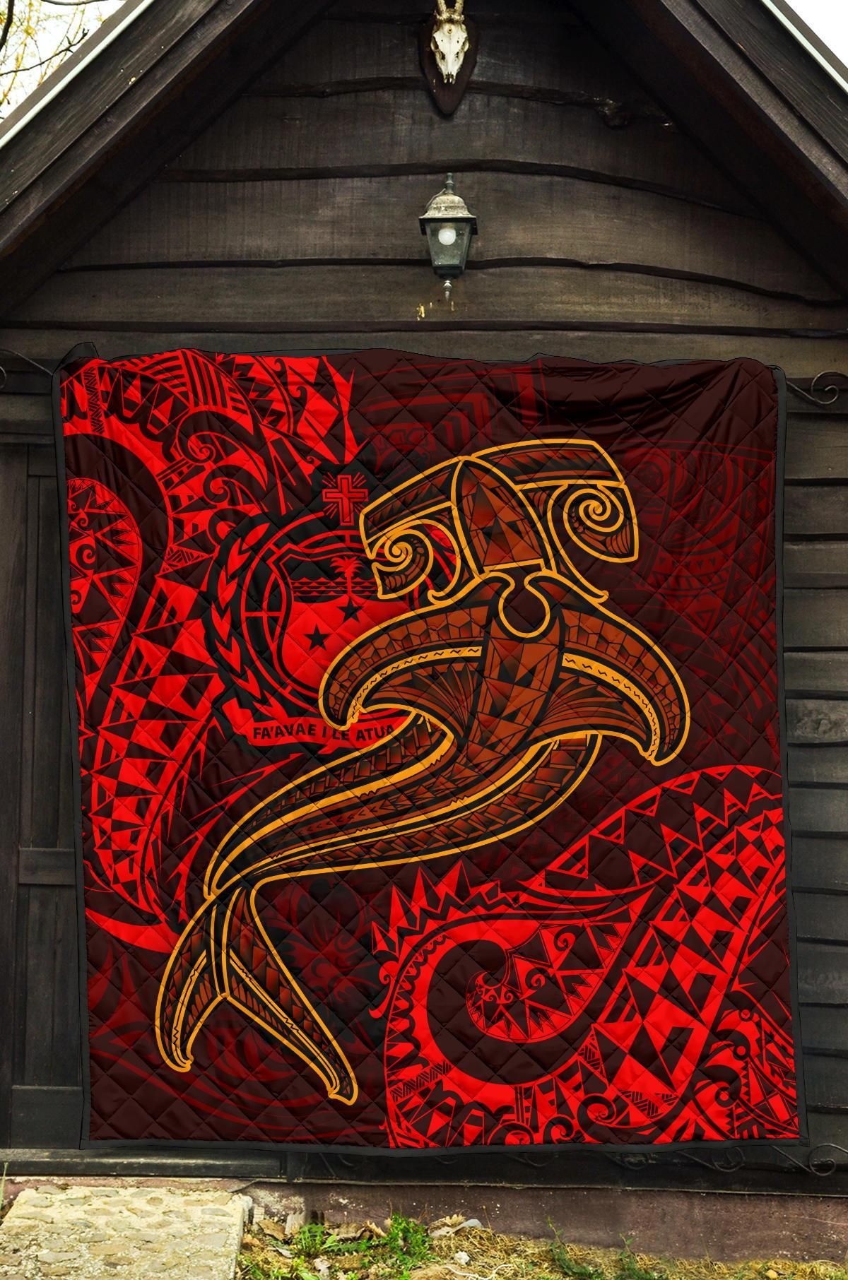 Samoa Premium Quilt - Red Shark Polynesian Tattoo