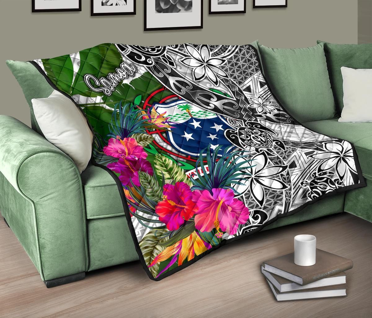 Samoa Premium Quilt White - Turtle Plumeria Banana Leaf