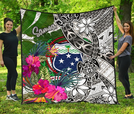Samoa Premium Quilt White - Turtle Plumeria Banana Leaf