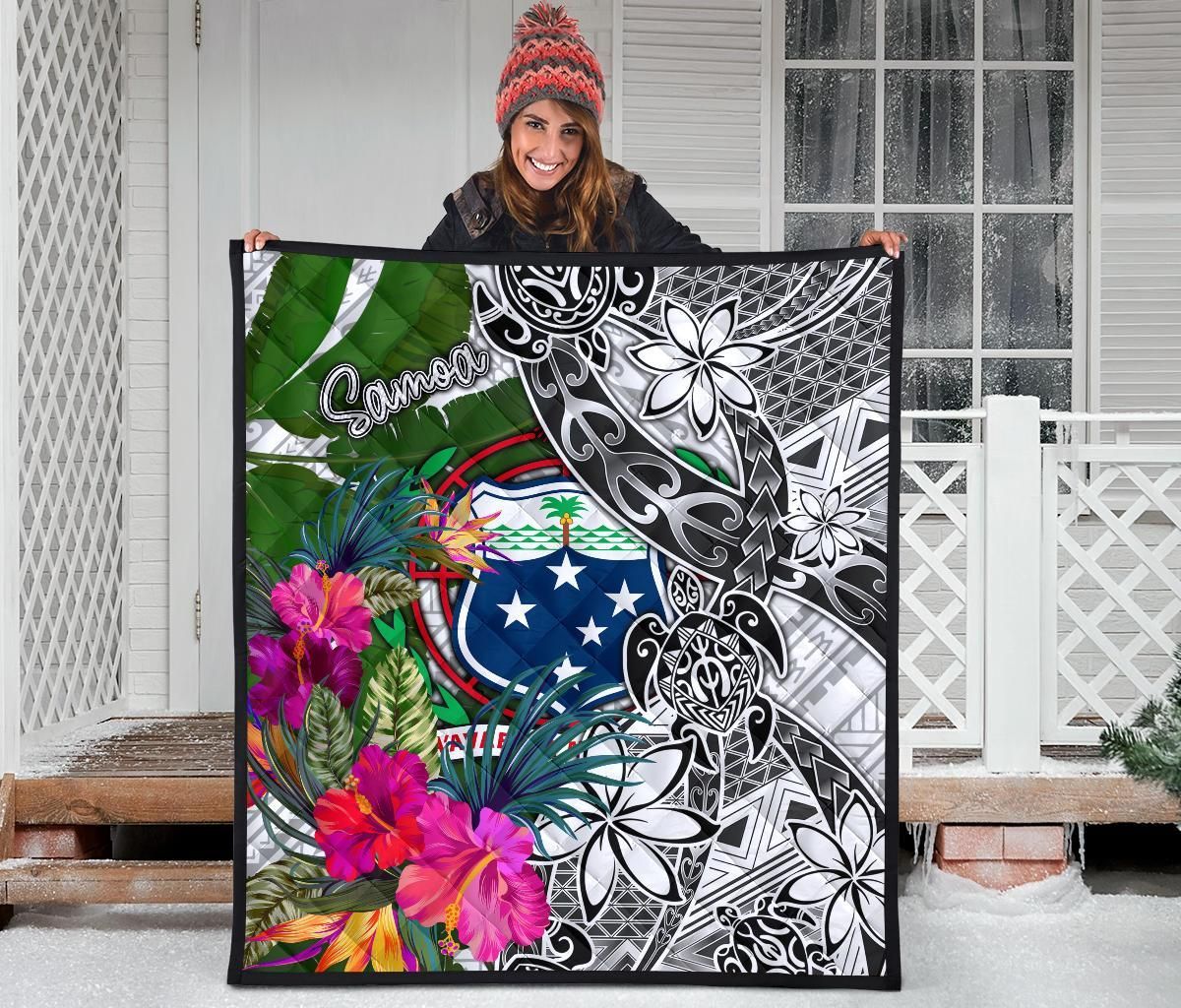 Samoa Premium Quilt White - Turtle Plumeria Banana Leaf