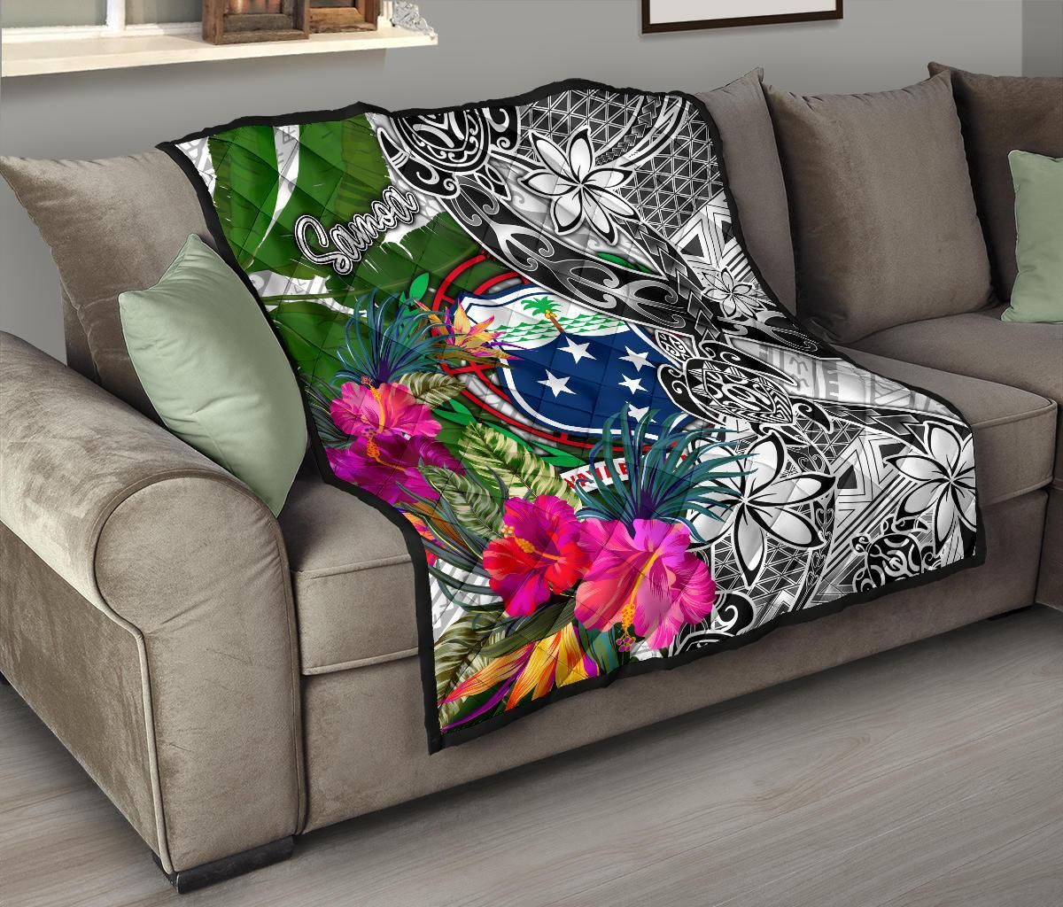Samoa Premium Quilt White - Turtle Plumeria Banana Leaf