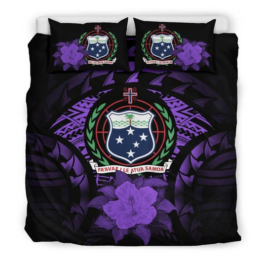 Samoa Duvet Cover Set - Samoa Coat Of Arms & Purple Hibiscus