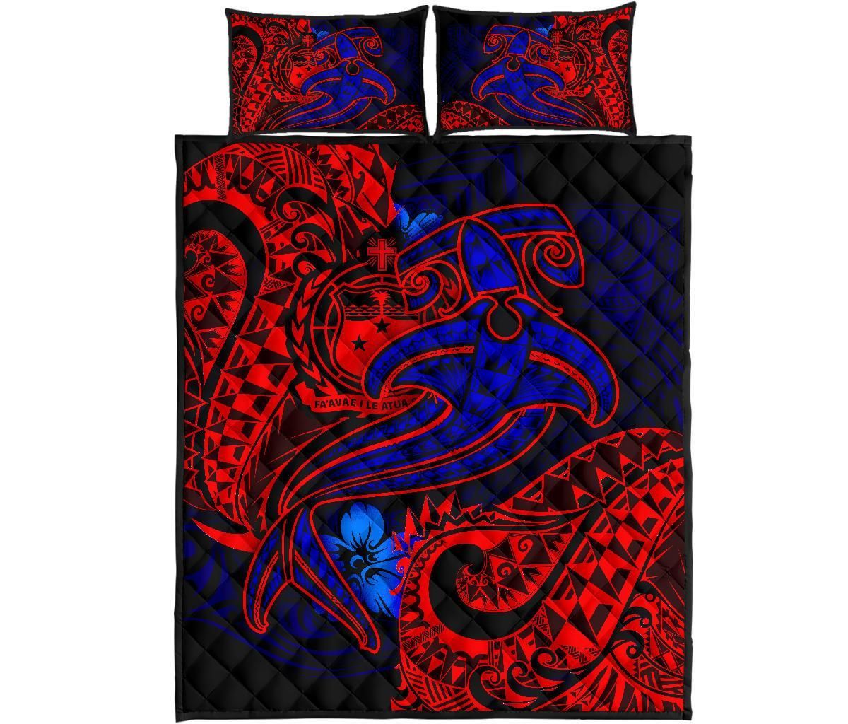 Samoa Quilt Bed Set - Blue Shark Polynesian Tattoo