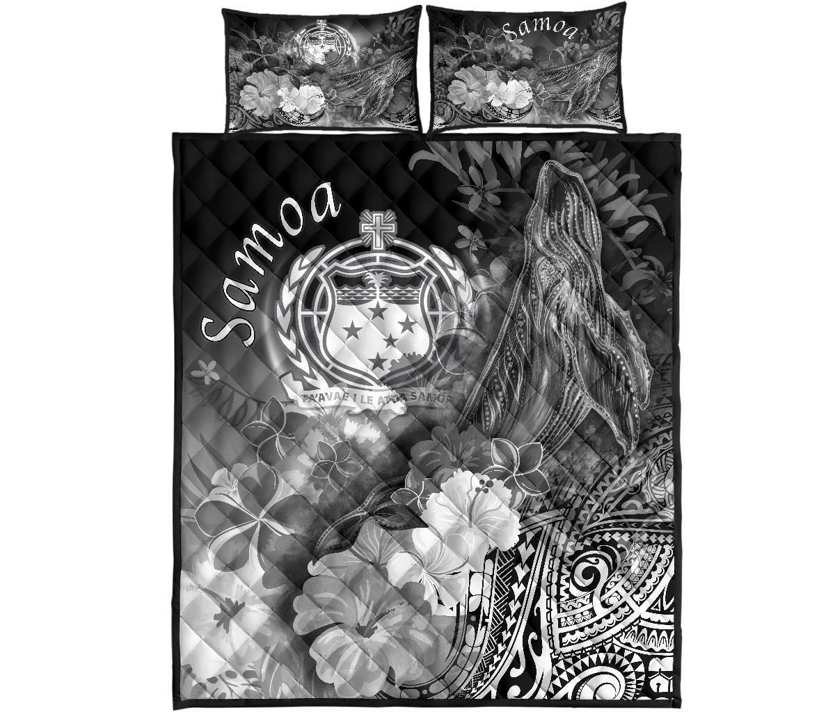 Samoa Quilt Bed Set - Humpback Whale with Tropical Flowers (White)