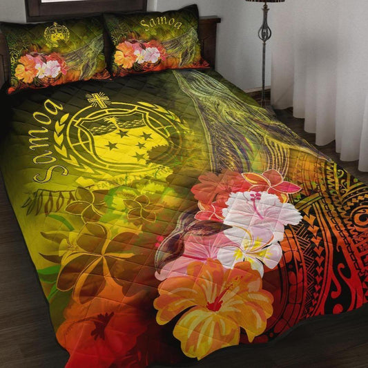 Samoa Quilt Bed Set- Humpback Whale with Tropical Flowers (Yellow)