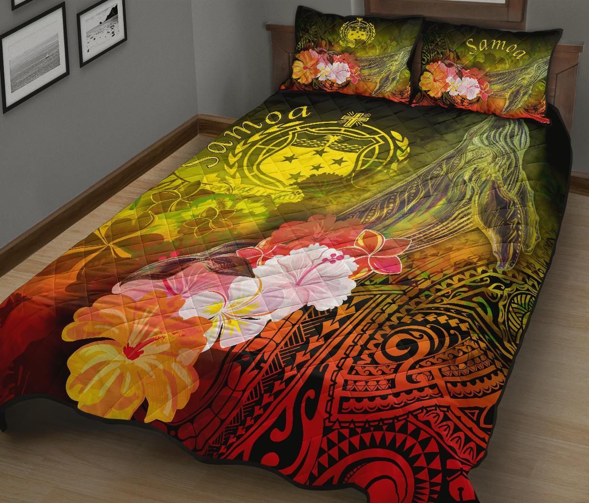 Samoa Quilt Bed Set- Humpback Whale with Tropical Flowers (Yellow)