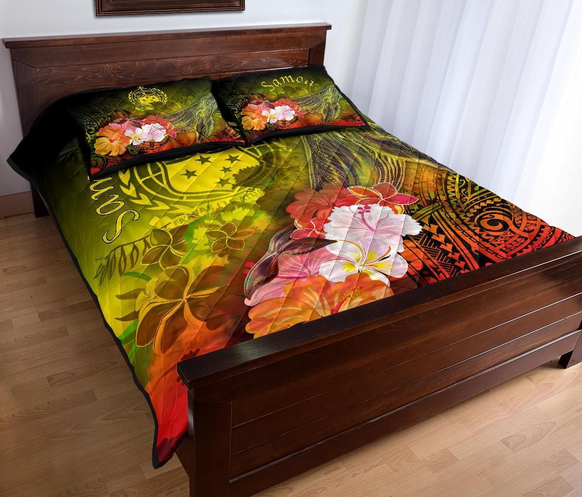 Samoa Quilt Bed Set- Humpback Whale with Tropical Flowers (Yellow)