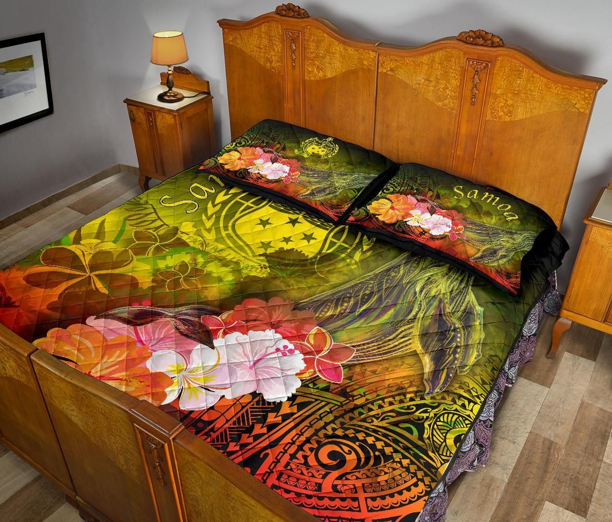 Samoa Quilt Bed Set- Humpback Whale with Tropical Flowers (Yellow)