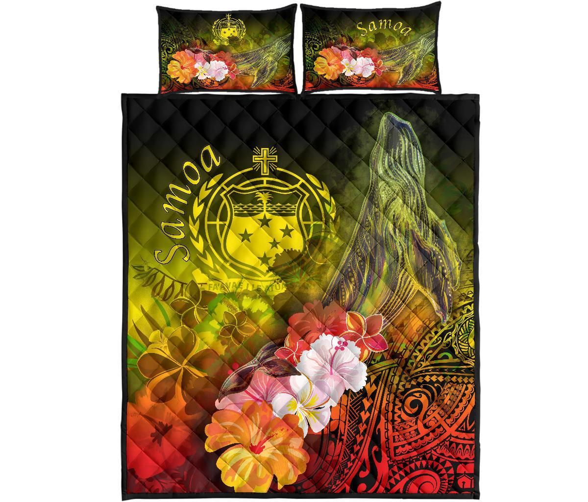Samoa Quilt Bed Set- Humpback Whale with Tropical Flowers (Yellow)