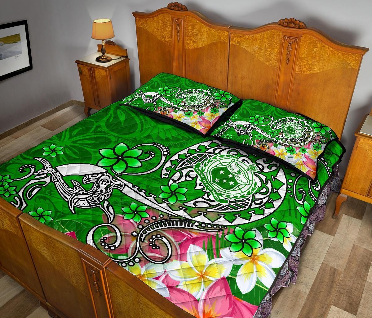 Samoa Quilt Bed Set - Turtle Plumeria (Green)