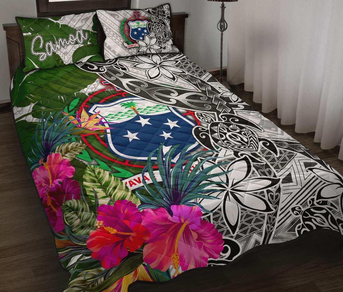 Samoa Quilt Bed Set White - Turtle Plumeria Banana Leaf