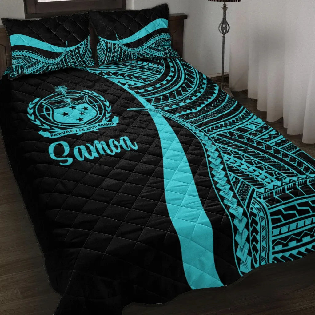 Samoa Quilt Bed Set - Turquoise Polynesian Tentacle Tribal Pattern