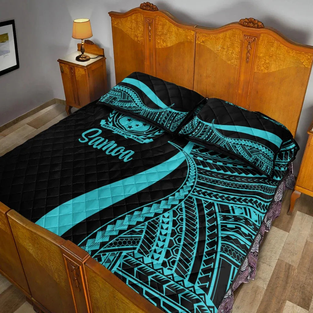 Samoa Quilt Bed Set - Turquoise Polynesian Tentacle Tribal Pattern