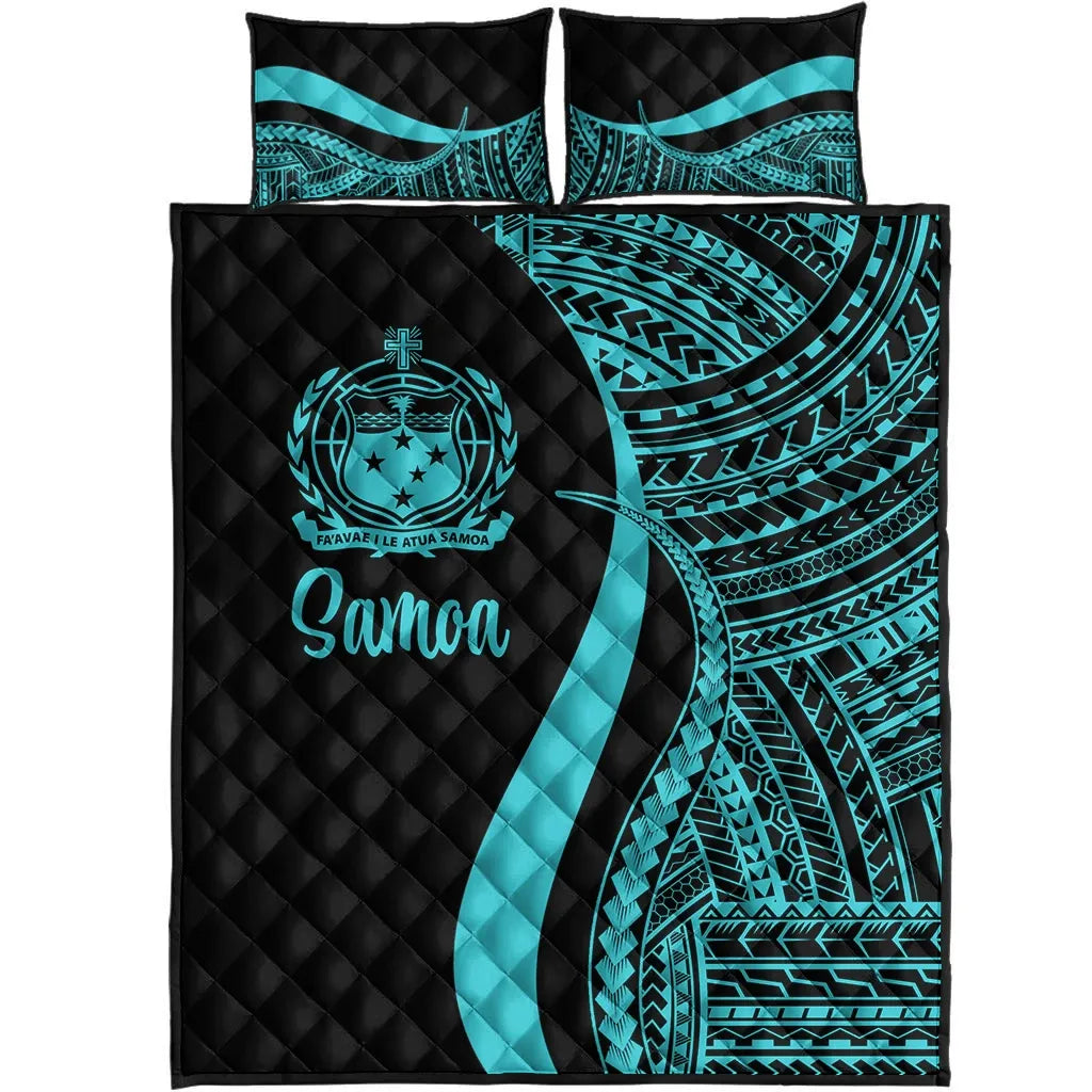 Samoa Quilt Bed Set - Turquoise Polynesian Tentacle Tribal Pattern