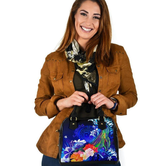 Samoa Shoulder Handbag - Humpback Whale With Tropical Flowers (Blue)