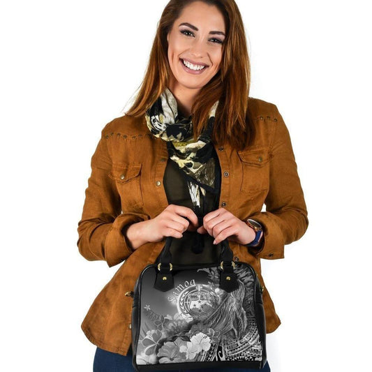 Samoa Shoulder Handbag - Humpback Whale With Tropical Flowers (White)