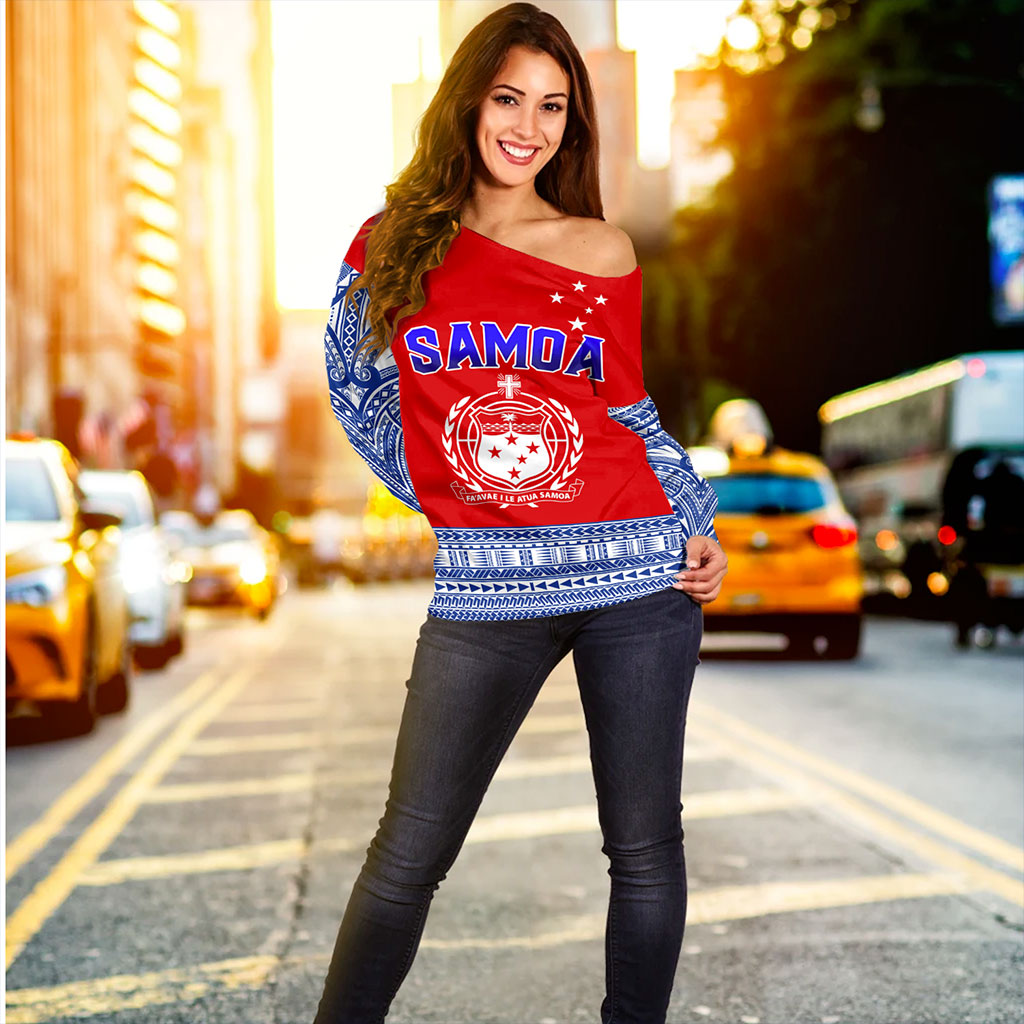 Samoa Off Shoulder Sweatshirt Tribal Polynesia Printed Flag Simple Style