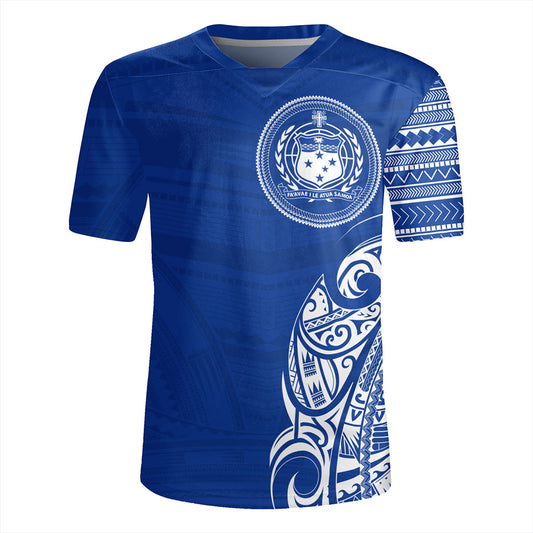 Samoa Rugby Jersey Polynesia Tribal Pattern Coat Of Arms