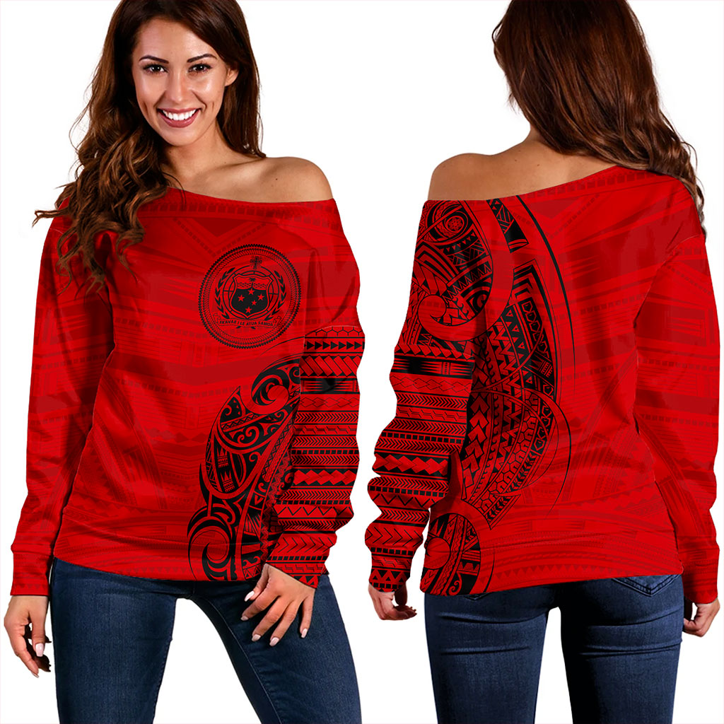 Samoa Off Shoulder Sweatshirt Polynesia Tribal Pattern Coat Of Arms
