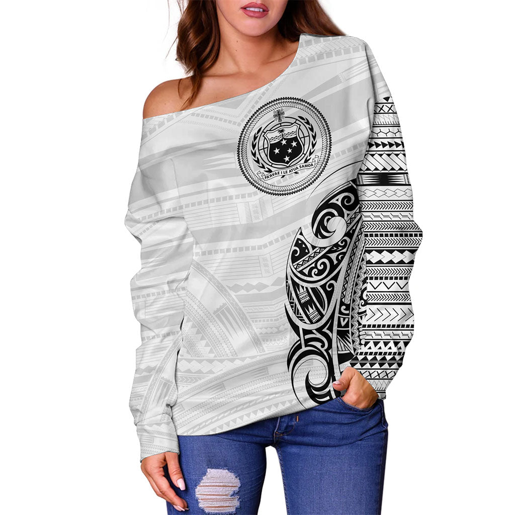 Samoa Off Shoulder Sweatshirt Polynesia Tribal Pattern Coat Of Arms