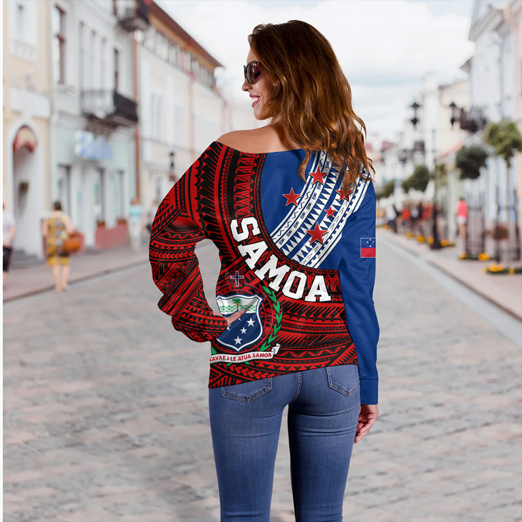Samoa Off Shoulder Sweatshirt Custom Tribal Polynesian Flag Print