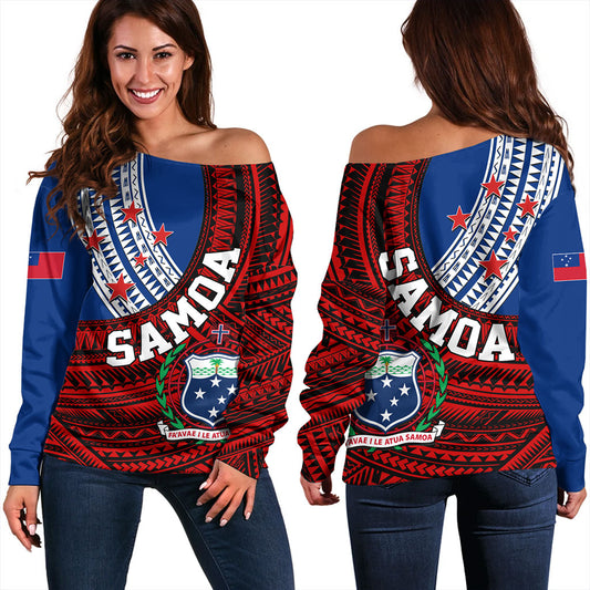 Samoa Off Shoulder Sweatshirt Custom Tribal Polynesian Flag Print