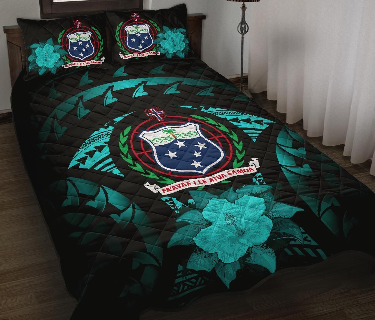 Samoa Polynesian Quilt Bed Set Hibiscus Turquoise