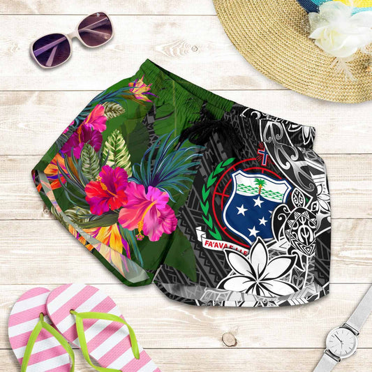 Samoa Women Shorts - Turtle Plumeria Banana Leaf