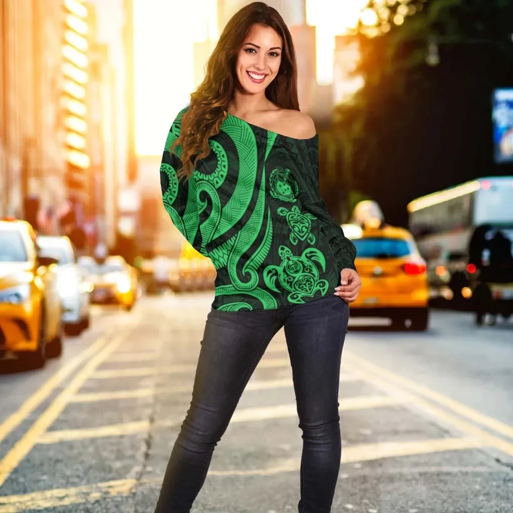 Samoa Women Off Shoulder Sweater - Green Tentacle Turtle