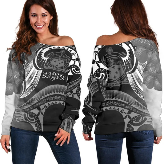 Samoa Women Off Shoulder Sweater - Samoa Seal Wave Style (Black)