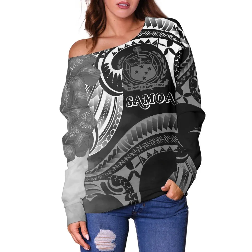 Samoa Women Off Shoulder Sweater - Samoa Seal Wave Style (Black)