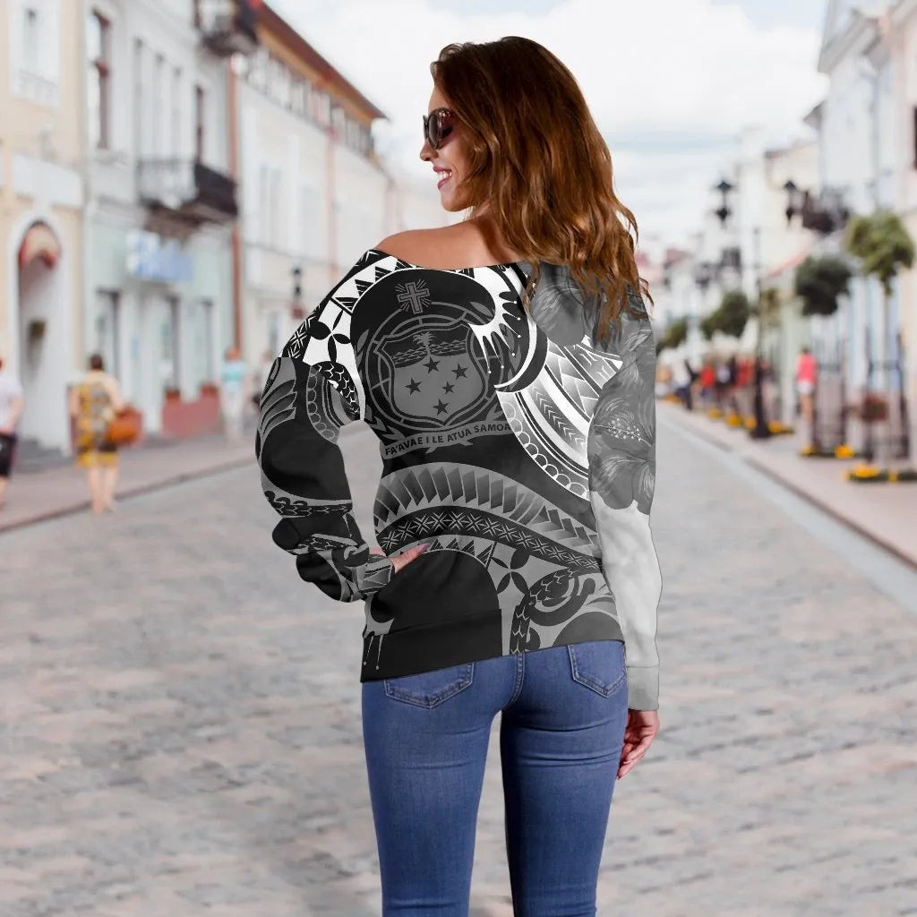 Samoa Women Off Shoulder Sweater - Samoa Seal Wave Style (Black)