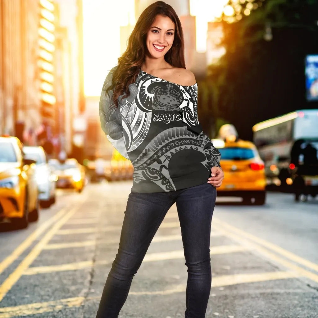 Samoa Women Off Shoulder Sweater - Samoa Seal Wave Style (Black)