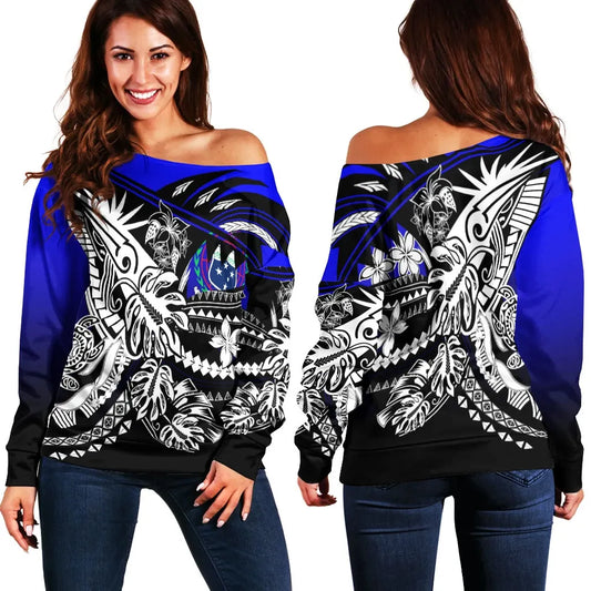 Samoa Women Off Shoulder Sweater - Tribal Jungle Pattern Blue Color